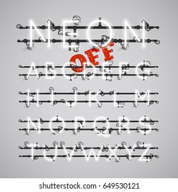White neon character font set on gray background, vector illustration