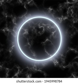White neon circle with light on black marble background. Round electric frame. Geometric fashion design vector illustration. Empty minimal ring, abstract art decoration on stone pattern.