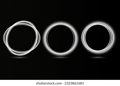 White neon circles for swirl shiny rings light effect. Curved white line light effect. A luminous circular portal emitting a white glow appears on the road. Vector illustration