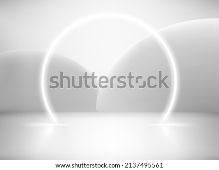 White neon glowing circle in white interior. 3d vector illustration