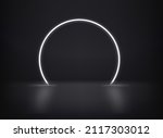 White neon glowing circle on dark interior. 3d vector template for design