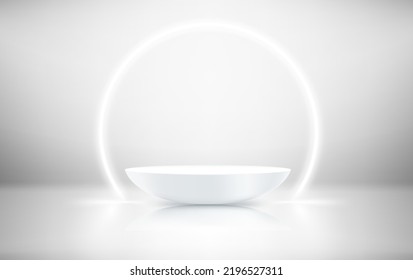 Círculo brillante de neón blanco y plataforma blanca en interior blanco. 3.ᵉʳ vector 