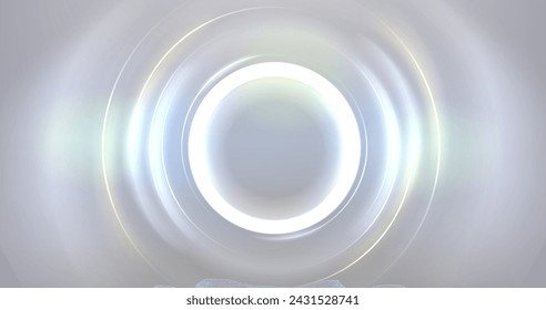 White neon glowing circle. Realistic vector illustration of light lens flare effect of circular shape with bright sparkle and streak. Shiny glare ring with ray and highlight. Luminous round frame.