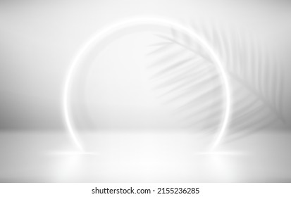 White neon glowing circle and shadow of a plant in white interior. 3d vector  illustration