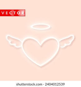 White neon glowing heart icon for light backgrounds. Heart with wings and nimbus. Design element for greeting cards, banners for Valentine's Day. Vector illustration