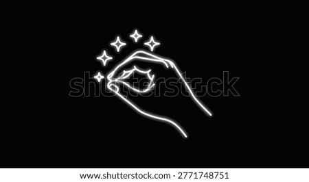 A white neon hand gesture appears to grasp shimmering stars against a stark black background.