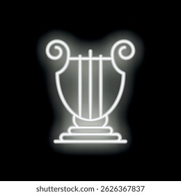 White neon harp glowing on black background representing music and entertainment