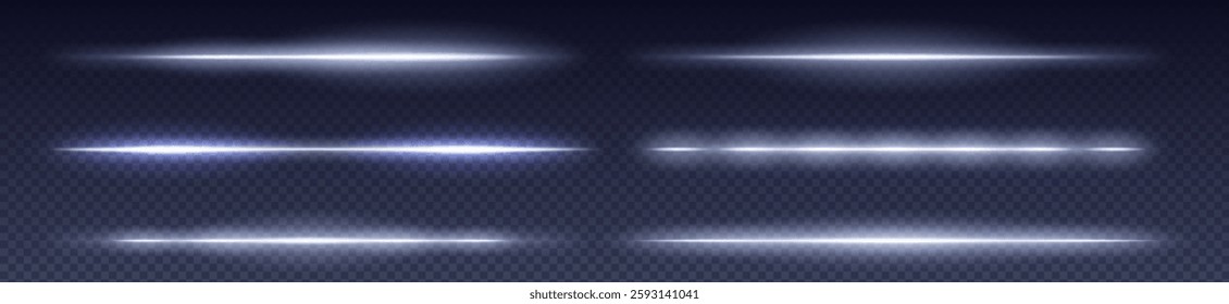 White neon laser beam set on transparent dark blue background. Horizontal glowing lines with different brightness levels for tech design effects. Digital light rays with luminous intensity variations.