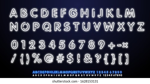 White Neon Light Alphabet Vector Font. Type Letters, Numbers And Punctuation Marks. Neon Tube Letters On Dark Background