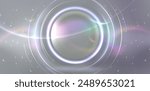 White neon light halo effect. Vector realistic illustration of banner background with abstract round frame, shiny particles sparkling around magic energy portal, solar eclipse, holographic aura flare