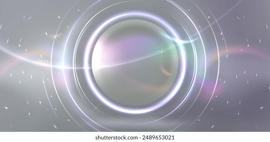 White neon light halo effect. Vector realistic illustration of banner background with abstract round frame, shiny particles sparkling around magic energy portal, solar eclipse, holographic aura flare