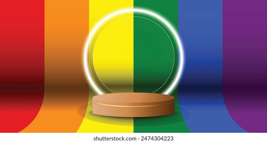 White neon light podium display color, with LGBTQ flag background. Modern studio, wall scene fashion, stage podium scene with for Award Ceremony. 3D rendering.