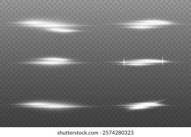 White neon lines, horizontal glare of light and beam. On a transparent background.