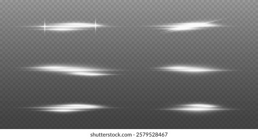 White neon lines, horizontal glare of light and beam. On a transparent background.