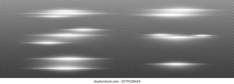 White neon lines, horizontal glare of light and beam. On a transparent background.