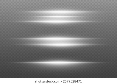 White neon lines, horizontal glare of light and beam. On a transparent background.