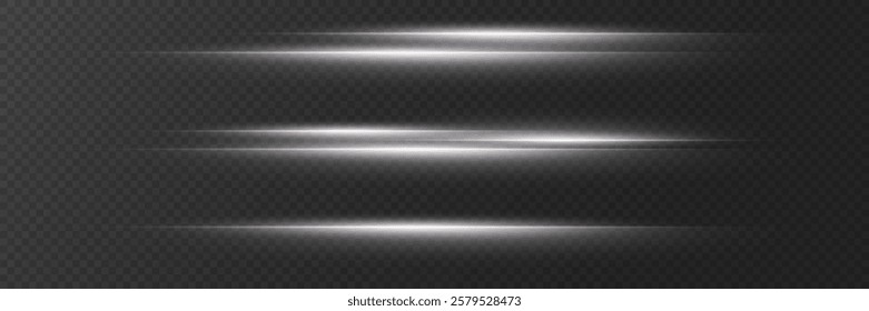 White neon lines, horizontal glare of light and beam. On a transparent background.