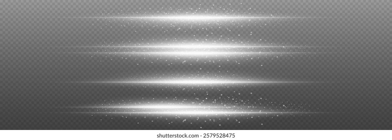 White neon lines, horizontal glare of light and beam. On a transparent background.