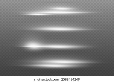 White neon lines, horizontal glare of light and beam. On a transparent background.