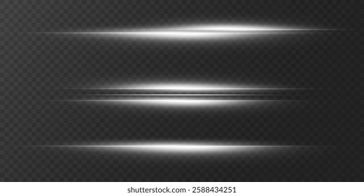 White neon lines, horizontal glare of light and beam. On a transparent background.