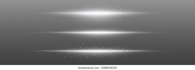 White neon lines, horizontal glare of light and beam. On a transparent background.