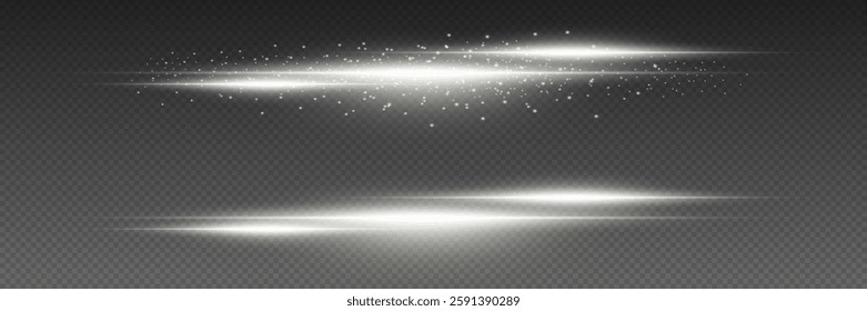 White neon lines, horizontal glare of light and beam. On a transparent background.