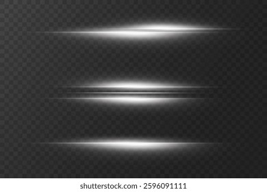 White neon lines, horizontal glare of light and beam. On a transparent background.