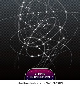 Weiße Neonlinien mit Lichtern. Transparente Lichteffekte. Vektorgrafik. Konzept für Fest- und Feiertagsflieger.