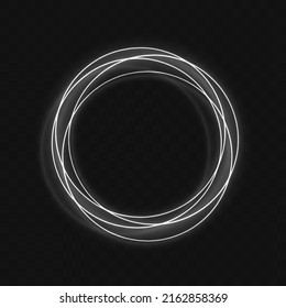 White neon ovals or circles for swirl shiny rings light effect. Glow luminous glitter shimmer trail. Curve light effect of white line. Blurred spiral ring. Bokeh effect. Vector illustration. 