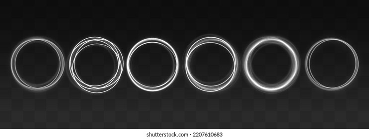 White neon ovals or circles for swirl shiny rings light effect. Glow luminous glitter shimmer trail. Curve light effect of white line. Blurred spiral ring. Bokeh effect. Vector illustration. 