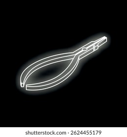 White neon pliers glowing on black background, isometric view of professional equipment
