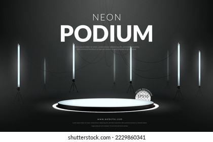 White neon podium with white fluorescent tube on black background for product display, Vector illustration