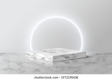 White neon ring on gray marble square for product. 3d pedestal in stone pattern vector illustration. Geometric stage on floor in room. Abstract place for award ceremony