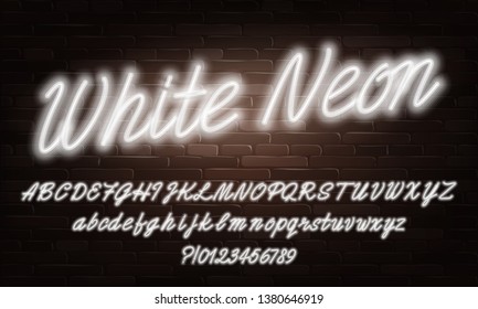 White Neon Script Alphabet Font. Neon Color Lowercase And Uppercase Bright Letters And Numbers. Stock Vector Typescript For Your Typography Design.