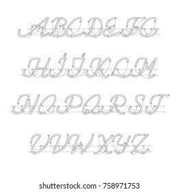White Neon Script Font with uppercase letters from A to Z with wires, tubes, brackets and holders black strokes isolated on white background. Vector illustration.