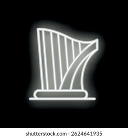 White neon sign of an ancient harp glowing on a black background