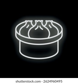 White neon sign depicting some delicious dumplings being steamed in a bamboo steamer basket