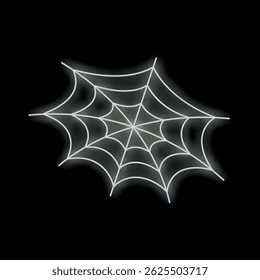 White neon sign is glowing in the shape of a spiderweb on a black background