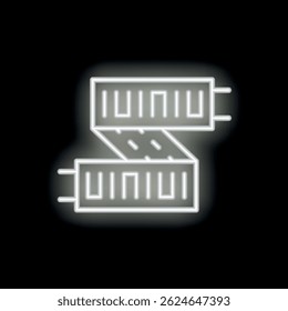 White neon sign icon of retractable utility knife glowing on black background