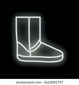 White neon sign in the shape of a winter boot glowing on a black background