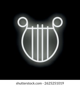 White neon sign shaped like a harp glowing in the dark