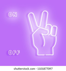 White neon sign showing the sign of victory. White neon hand on a lilac background. Glow turns off and turns on in layers. For animation. Vector illustration.