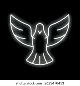 White neon sign of a stylized dove spreading its wings on a black background