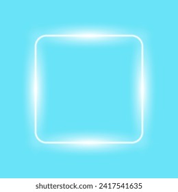 White neon square frame on blue background, simple minimal template, vector illustration.