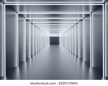 White neon tunnel. Black corridor with white glowing fluorescent lamp.