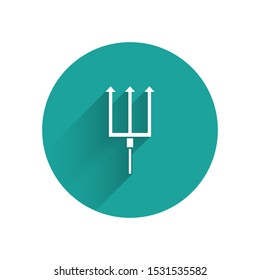 White Neptune Trident icon isolated with long shadow. Green circle button. Vector Illustration
