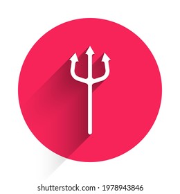 White Neptune Trident icon isolated with long shadow. Happy Halloween party. Red circle button. Vector