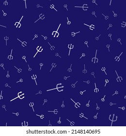 Icono de Tridente de Neptuno blanco aislado patrón sin fisuras en fondo azul. Feliz fiesta de Halloween.  Vector