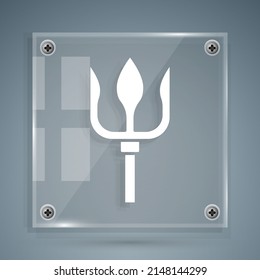 White Neptune Trident icon isolated on grey background. Square glass panels. Vector