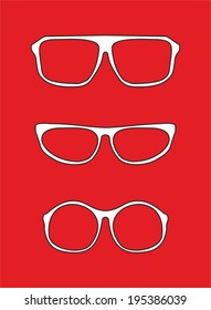 White nerd vector glasses for professor or secretary with thick holder - retro hipster illustration isolated on red background.